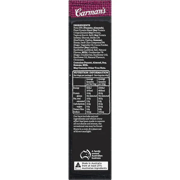 Carman's Protein Bars Dark Choc & Cranberry