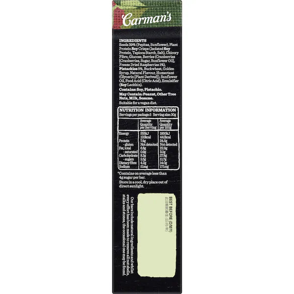 Carman's Protein Bars Seed & Plant, Raspberry & Pistachio